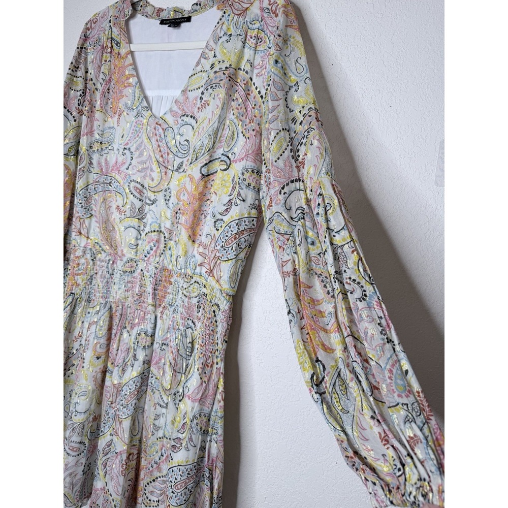 Boston Proper Smocked Mini Dress M Paisley Bell Sleeves Shimmer Fairy Peasant - Picture 6 of 13